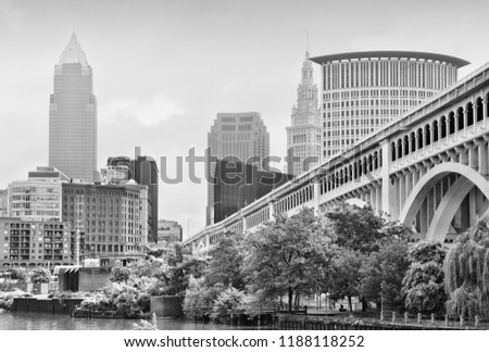 Cleveland skyline. Black and white retro style.