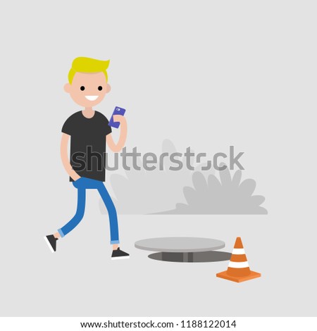Millennial character addicted to smartphone. Nomophobia. Open canalization hatch. Flat editable vector illustration, clip art