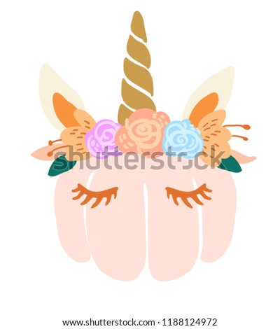 Cute kawaii little pumpkin head with unicorn decoration vector art. Flat children scandinavian hand drawn illustration. Graphic design card print.