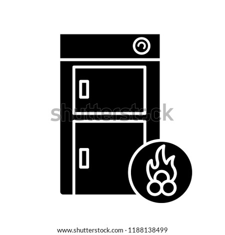 Solid fuel boiler glyph icon. House central heater. Firewood boiler. Heating system. Silhouette symbol. Negative space. Vector isolated illustration