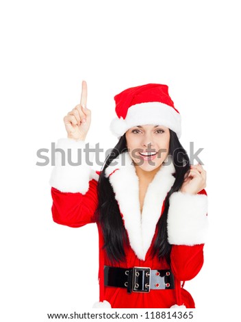 young happy smile woman wear Santa Clause costume hold pointing her finger up empty copy space attractive christmas new year party girl, isolated over white background