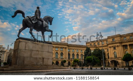 King Carol the 1st statue in Bucharest, morning light