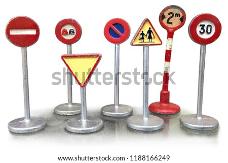 Warning signs, Road works traffic sign. Set of retro toy speed-limit and stop road signs isolated on white background.