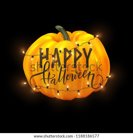 Happy Halloween postcard design, realistic pumpkin and decorative lights, vector illustration