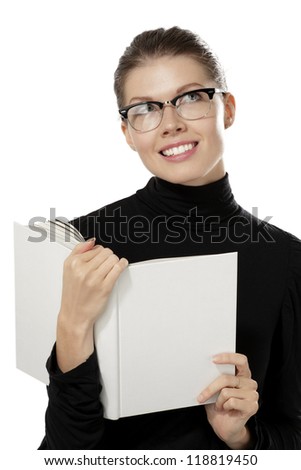 Young woman with a book on white background