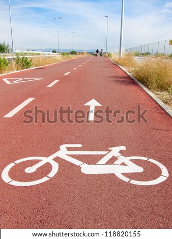 Bike lanes and white bike symbol in Madrid, Spain