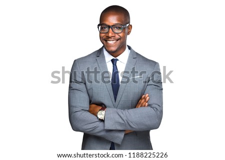Smiling cheerful isolated portrait of african american business man in stylish suit and glasses Royalty-Free Stock Photo #1188225226