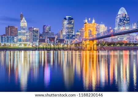 Cincinnati, Ohio, USA skyline on the Ohio River at dusk.