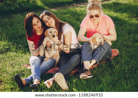 three young beautiful girls in a summer sunny park playing with a dog