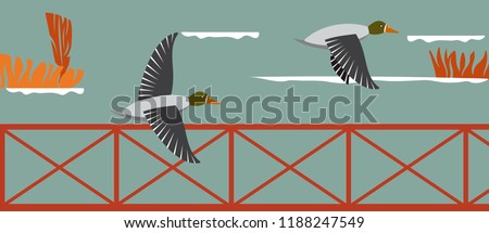 Vector Illustration of a group of ducks at the pond on a autumn background