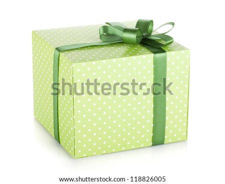 Green gift box with ribbon and bow. Isolated on white background