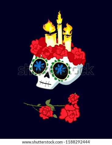 Day of the dead Postcard vector illustration. Mexican Dia de los Muertos. Skull with candles and roses. 