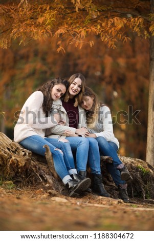 Three young women sitting in the forest in the autmn