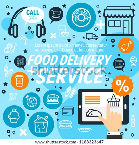 Food delivery service, shopping icons of food and drinks. Male hand orders products via Internet, 24 hours calls available. Vector web shop and takeaway snacks symbols hamburger and popcorn