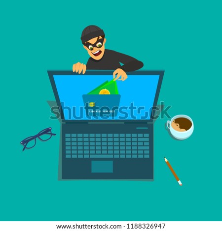 Computer hacker character stealing money online. Internet personal access for finances. Vector illustration of a flat design.