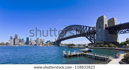 Sydney Harbour Bridge panoramic view on city CBD from Milsons point Sunny summer day with blue sky and sea water