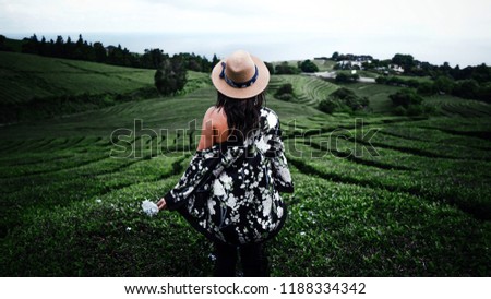 young girl in hat, flowers scattered in tea field