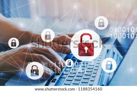 hacker attack and data breach, information leak concept, futuristic cyber  background with broken lock Royalty-Free Stock Photo #1188354160