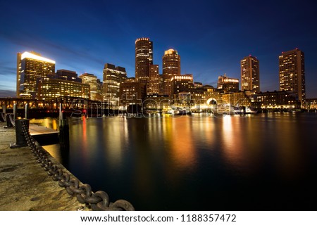 Boston Skyline with Financial District and Boston Harbor at Dusk