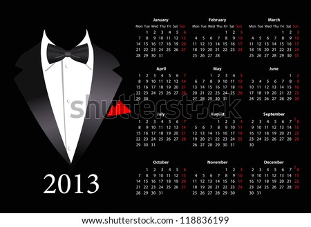 Vector European calendar 2013 with elegant suit, starting from Mondays