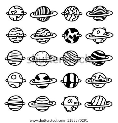 Vector doodle planets set. Hand drawn doodle cartoon collection of solar system planets. Vector illustration.
