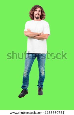 young bearded man full body gesturing  against chroma key green background. ready to cut out