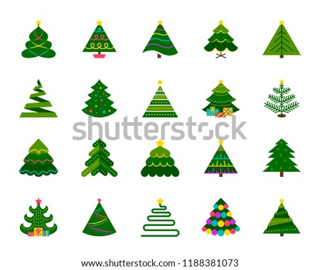 Christmas Tree flat icons set. Web sign stylized spruce kit. Fir Farm pictogram geometric style, gift box, pine. Simple christmas tree cartoon colorful icon symbol isolated white. Vector Illustration