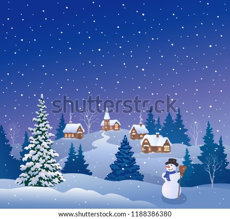 Vector cartoon drawing of a snow covered village and a cute snowman, beautiful Christmas background