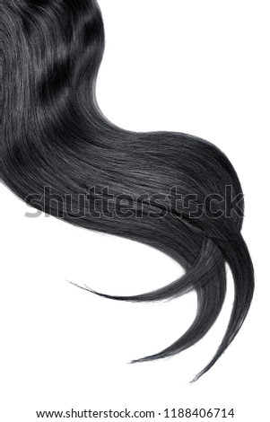 Curl of natural black hair on white background. Wavy ponytail