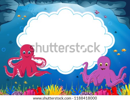 vector illustration of the ocean view with the cloud board blank space and two big octopus with a little fish