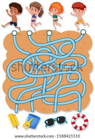 Find beach objects maze game illustration