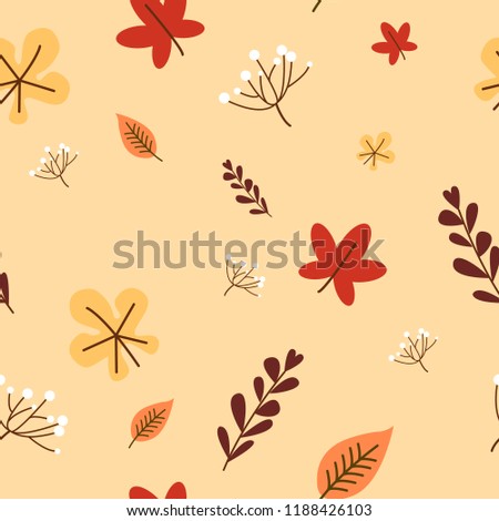 autumn fall cute dandelion flower and falling maple leafs on orange background eps10 vector seamless pattern all elements