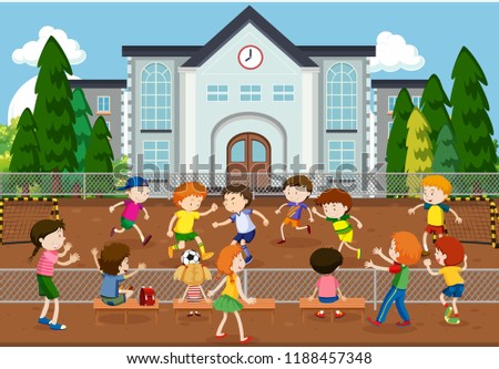 Children playing soccer outside illustration