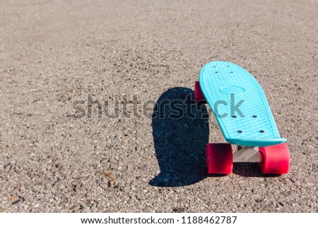 Blue plastic skateboard penny board with pink wheels stands on the track.