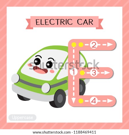 Letter E uppercase cute children colorful transportations ABC alphabet tracing flashcard of Electric Car for kids learning English vocabulary and handwriting Vector Illustration.