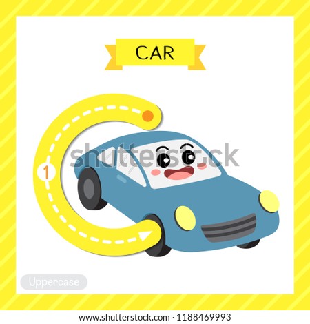 Letter C uppercase cute children colorful transportations ABC alphabet tracing flashcard of Car for kids learning English vocabulary and handwriting Vector Illustration.