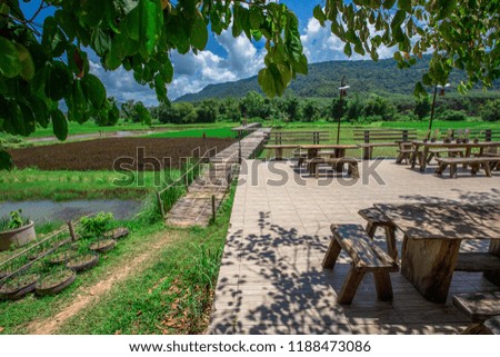 Background of the wooden bridge, the wallpaper of the field, the back is the mountain. Surrounded by nature, the weather is bright and fresh, seen in the countryside or during the trip.