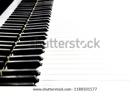 Piano keyboard. Grand piano keys closeup. Classical music instrument close up isolated on white background