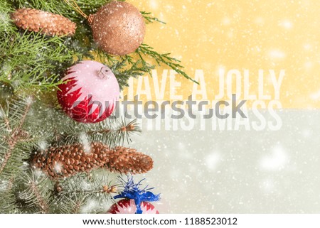 new year flat lay on colorful background isolated text concept, pine wood and decoration toys "have a jolly christmas"