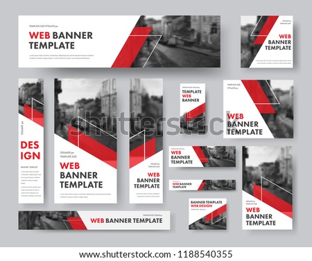 set of web banners of different sizes with diagonal red elements and a place for photos. Vector Templates for Web Royalty-Free Stock Photo #1188540355