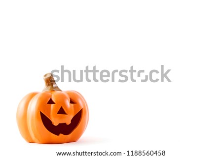 Halloween pumpkin cartoon has a happy face on a white background. There is an empty design theme, Light of the Moon, at midnight.