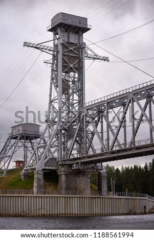 Metal railway bridge over the river Svir, town Podporozh'e, Leningrad region.