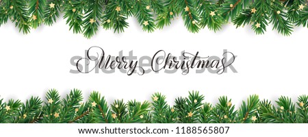 Banner with Merry Christmas text. Seamless vector decoration on white. Christmas illustration, winter holiday background. Christmas tree frame, garland. Border for party poster, header