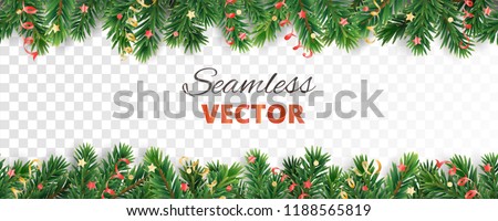Seamless vector decoration isolated on white. Christmas illustration, winter holiday background.  Gold New Year ornament, ribbon. Christmas tree frame, garland. Border for party banner, poster, header Royalty-Free Stock Photo #1188565819
