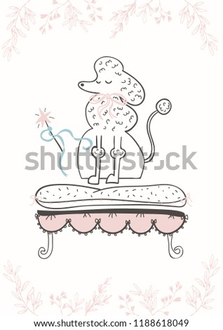Cute creative card template with princess theme design and poodle on throne. Hand drawn funny card for birthday, anniversary, party invitations. Minimalistic vector illustration