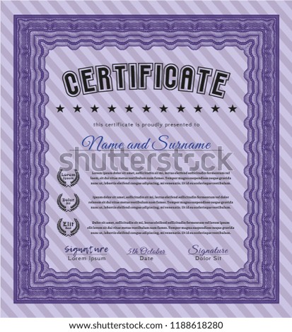 Violet Diploma or certificate template. Artistry design. Vector illustration. With great quality guilloche pattern. 