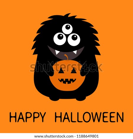 Happy Halloween card. Black monster silhouette holding pumpkin. Cute cartoon scary funny character. Baby collection. Three eyes, fang tooth, big tongue, hands. Orange background. Flat design Vector