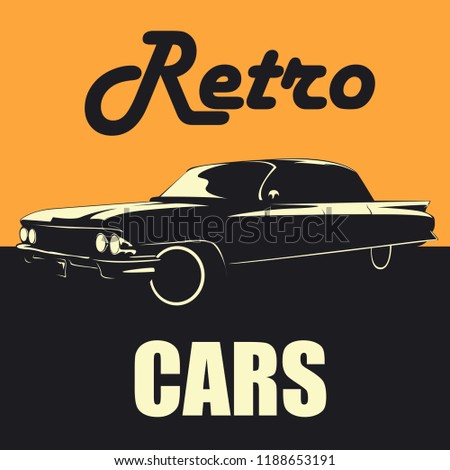 A stylish retro car stands on an orange background and an inscription