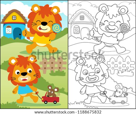 coloring book with funny lion cartoon, cute lion activity with mouse on field and house background