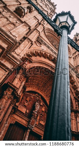 City lantern in the background of Palma Cathedral. Palma de Mallorca, Spain, 2018